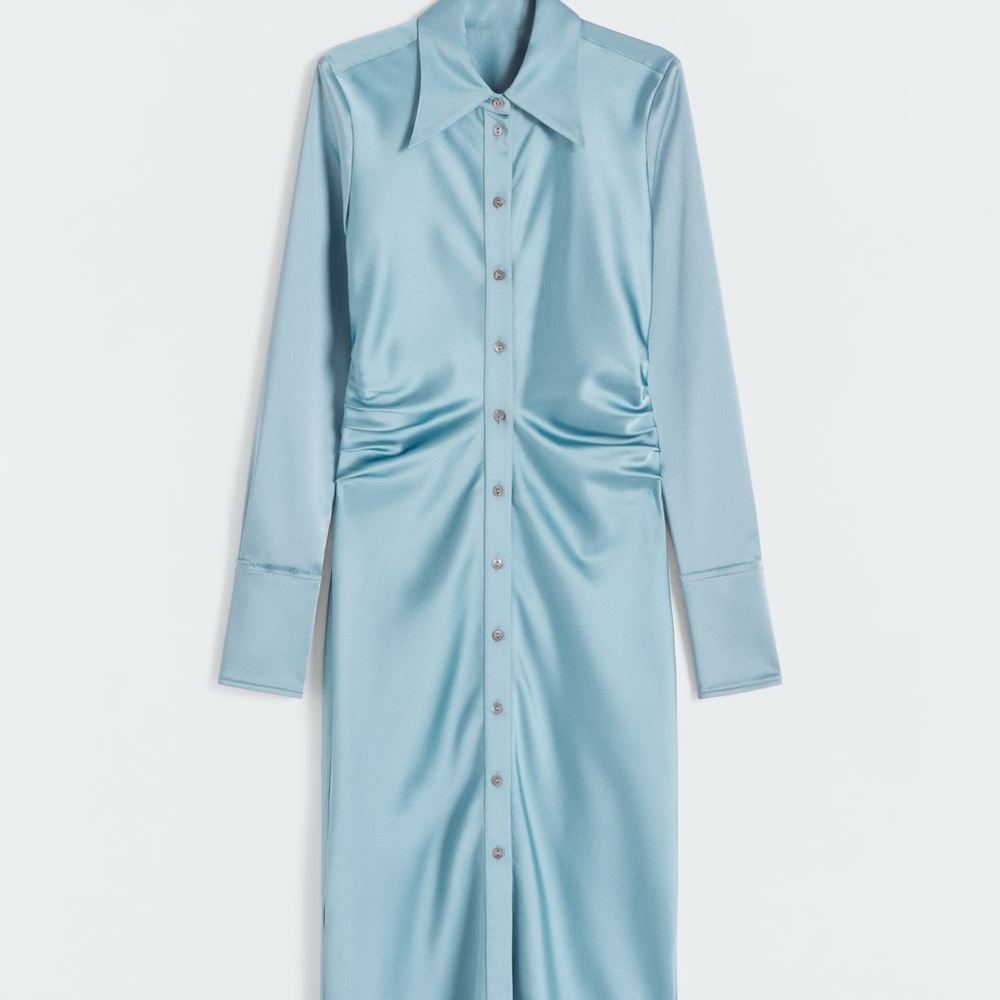 Mango Blue Ruched Long Sleeve Dress